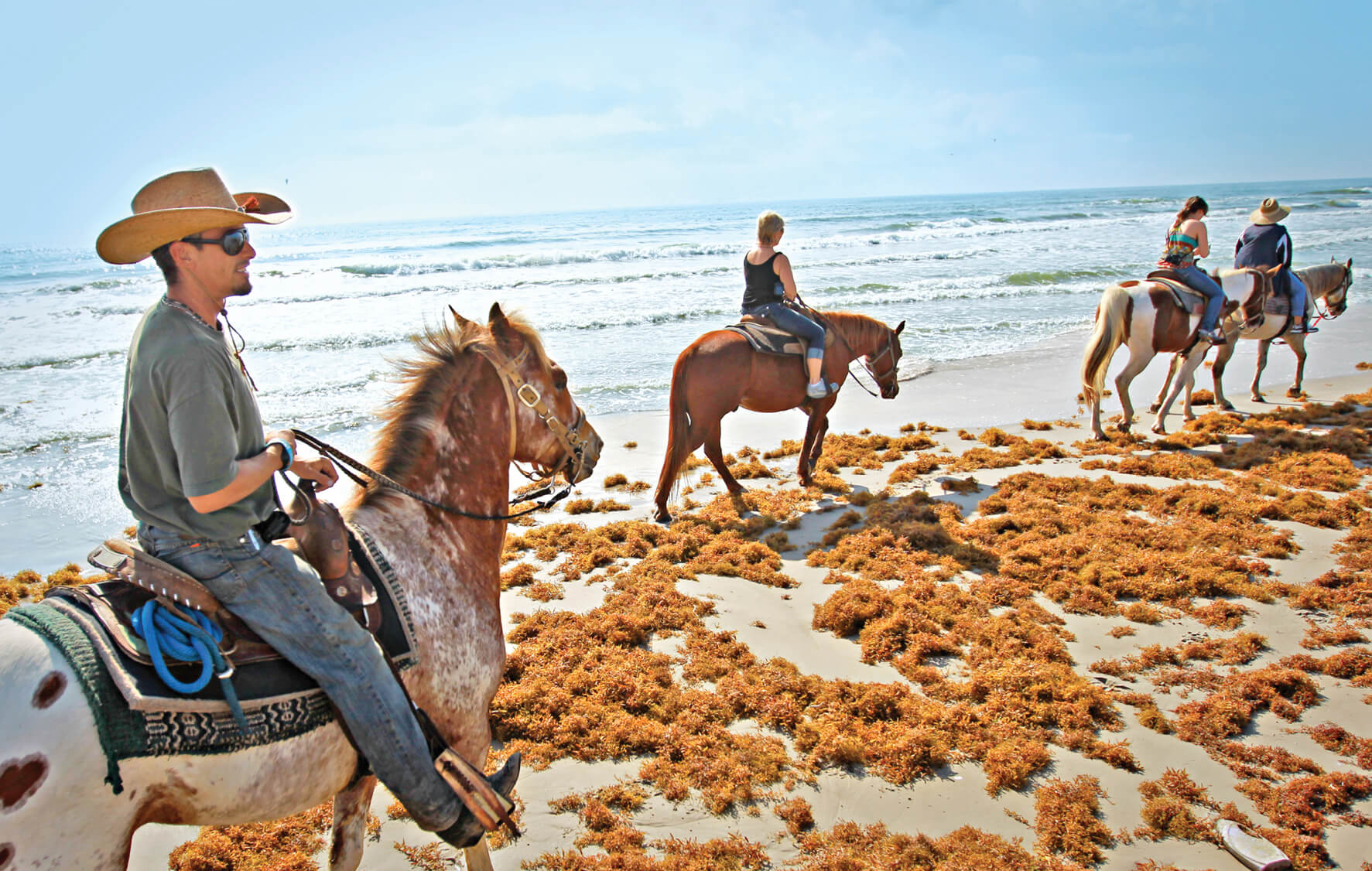 Image of adults horseback riding on beach
