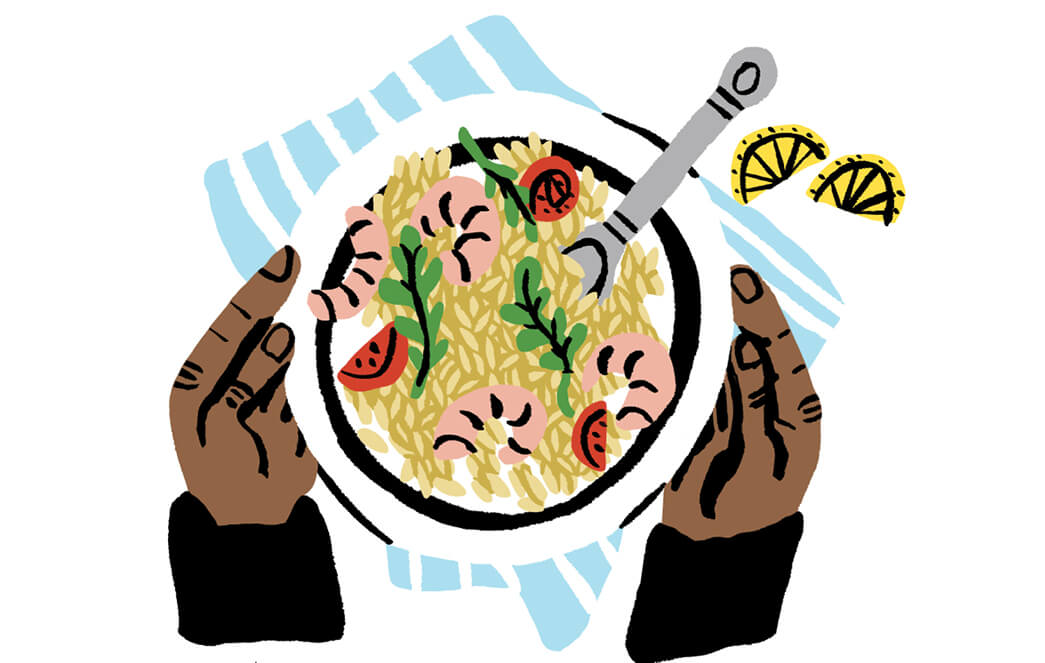 Illustration of hands holding a plate of orzo