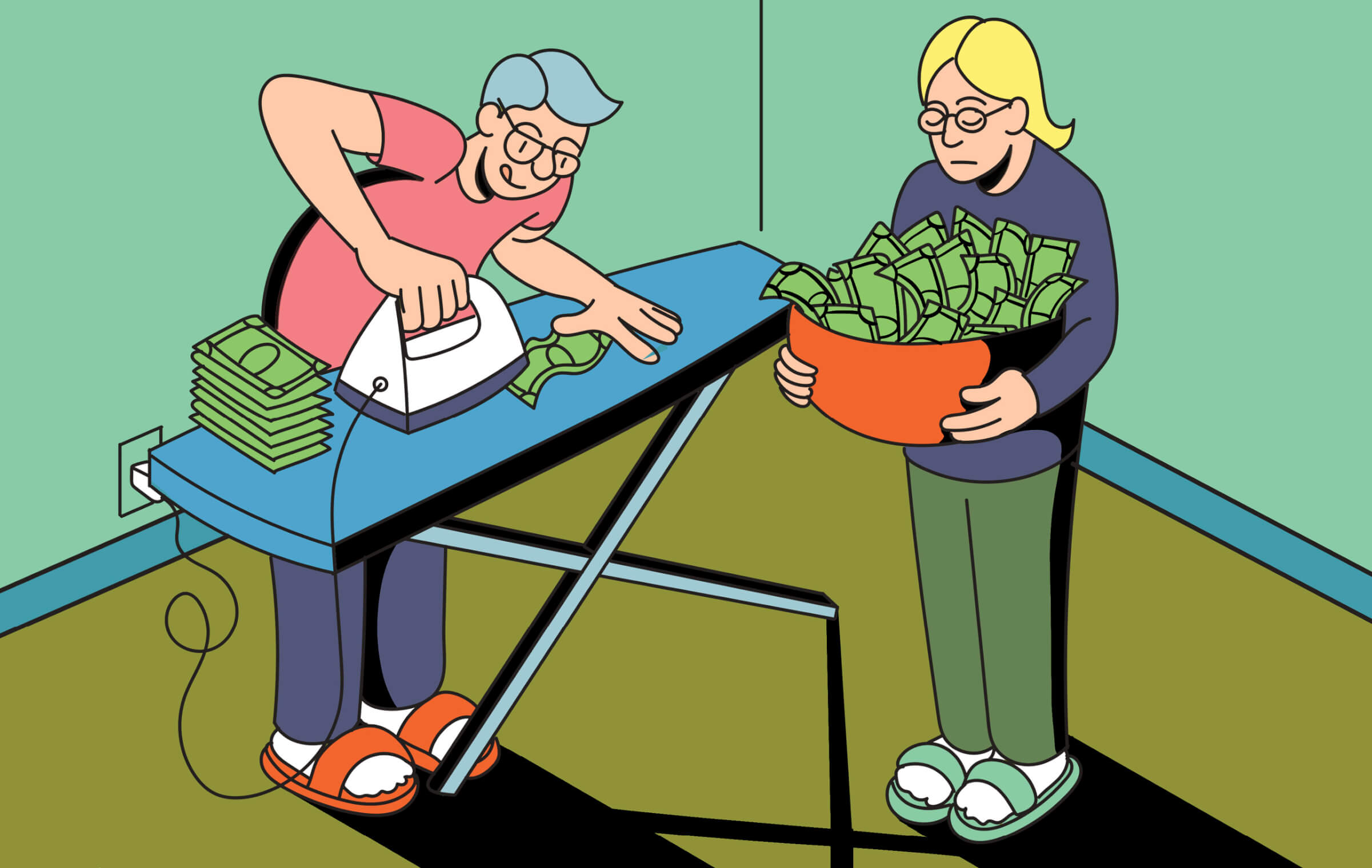 Illustration of husband ironing dollar bills while wife is standing holding basket of more dollar bills.