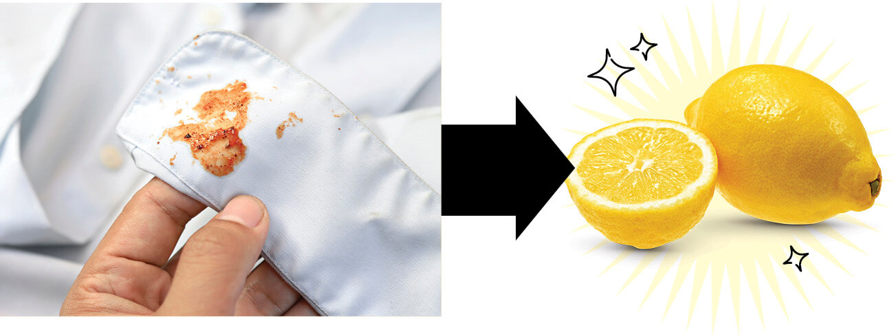 Photo of pasta sauce on white shirt, arrow pointing to lemon