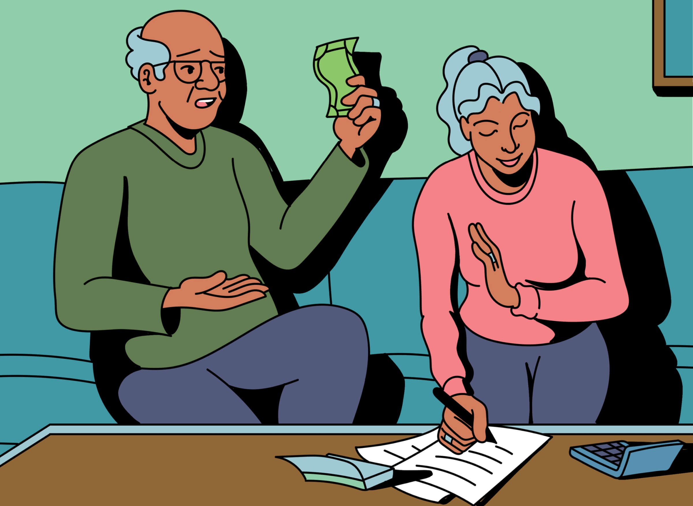 Illustration of husband holding up dollar bill, wife sitting next to him is holding up her hand to him and making calculations on paper