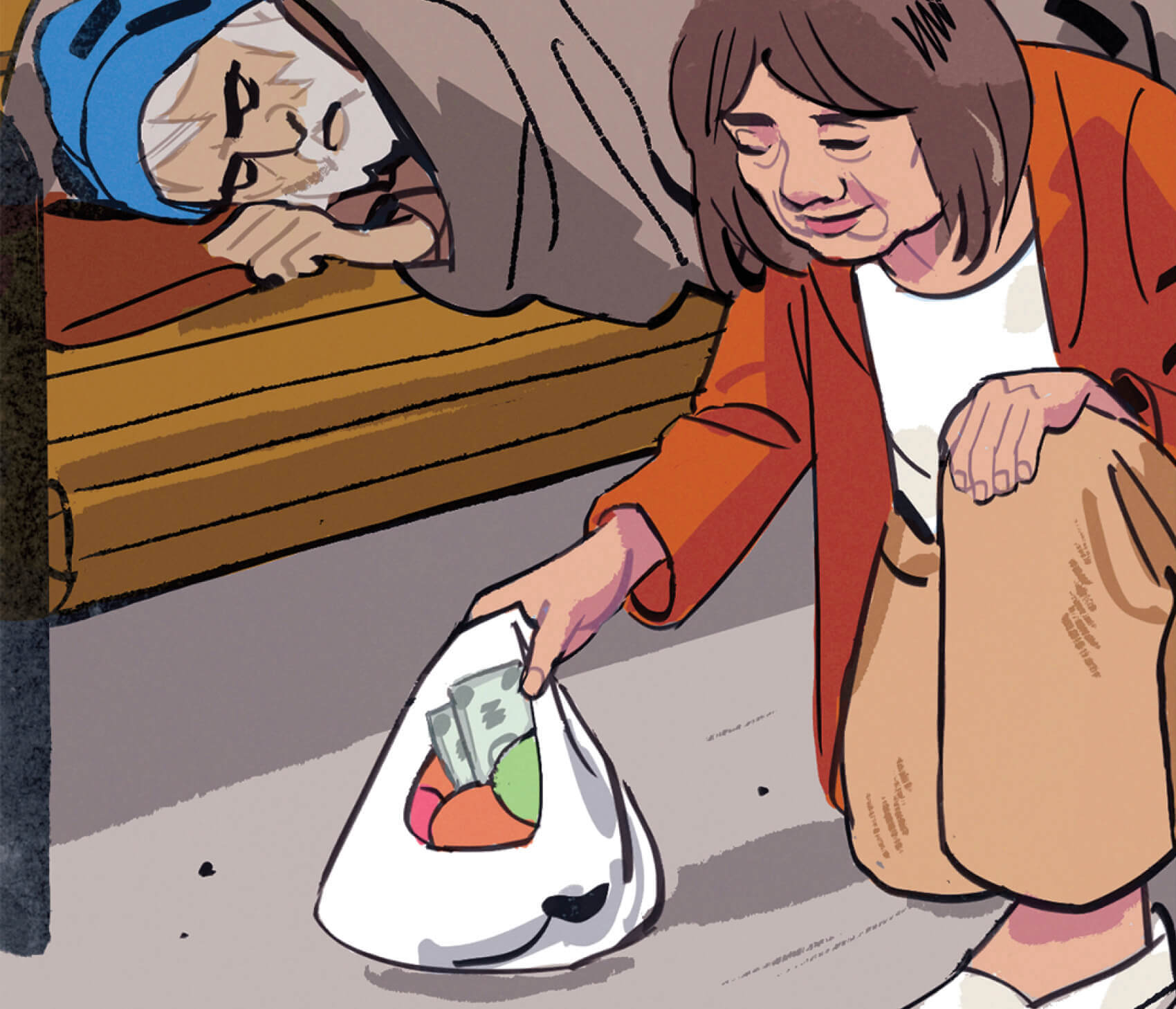 Illustration of Mary leaving a grocery bag of produce and some cash besides the sleeping man.