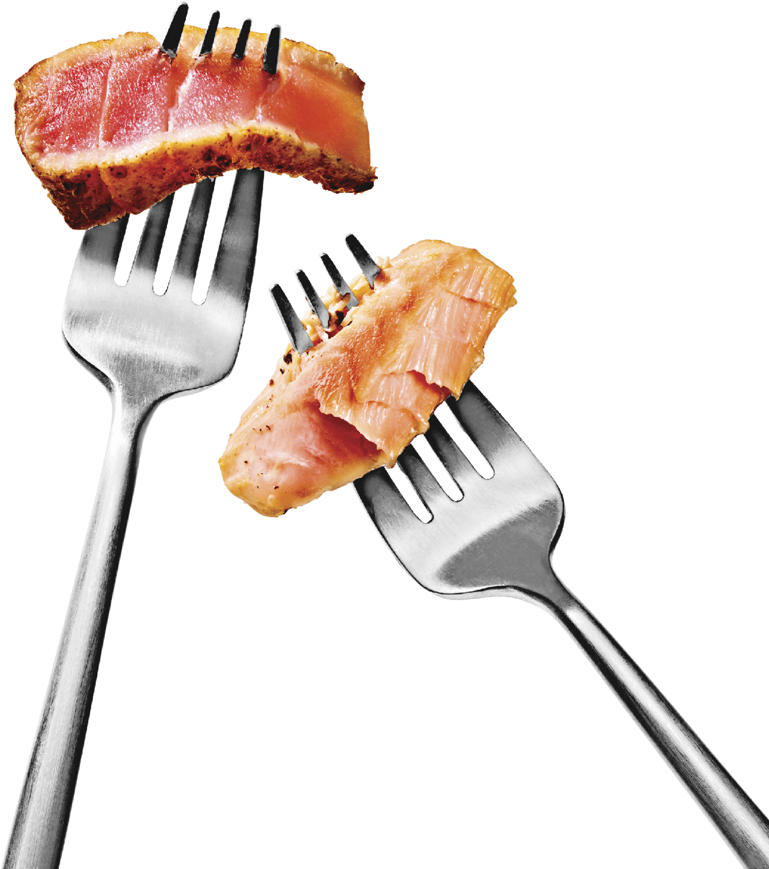 Photo of two forks, one fork has salmon on it and the other has tuna on it