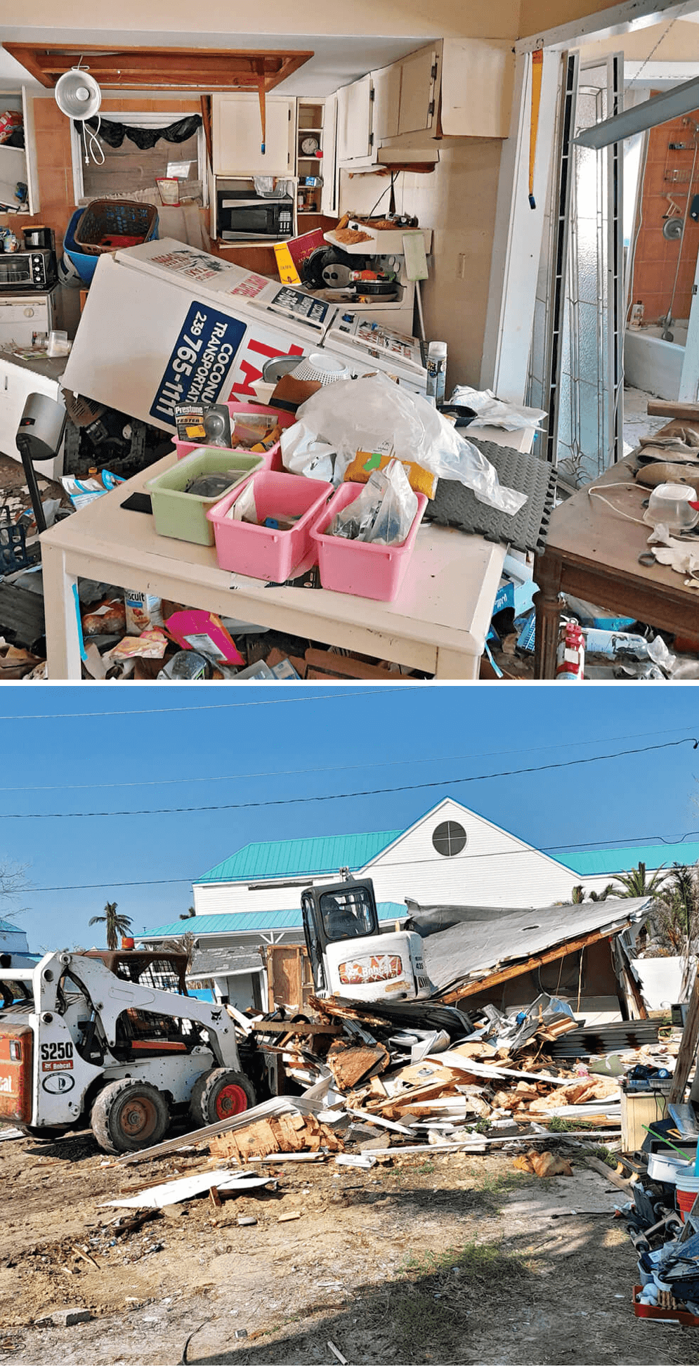 Photo of damage of Joe Prigun's home. Photo of bulldozer tearing down Joe's home