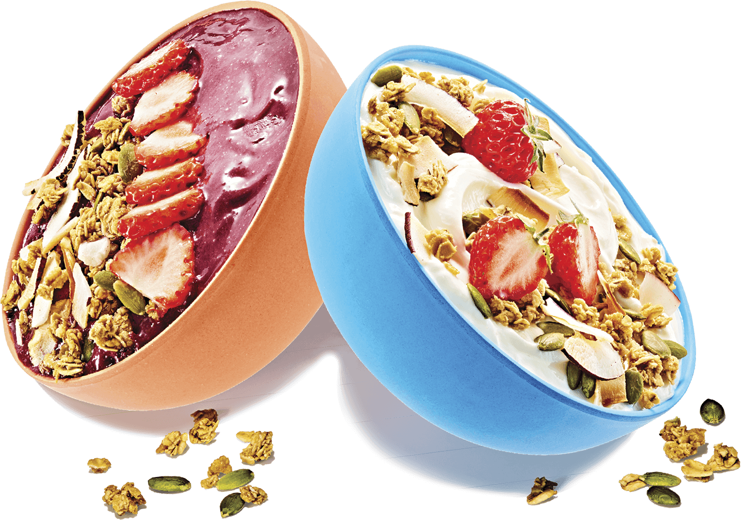 Photo of acai bowl next to bowl of greek yogurt with granola