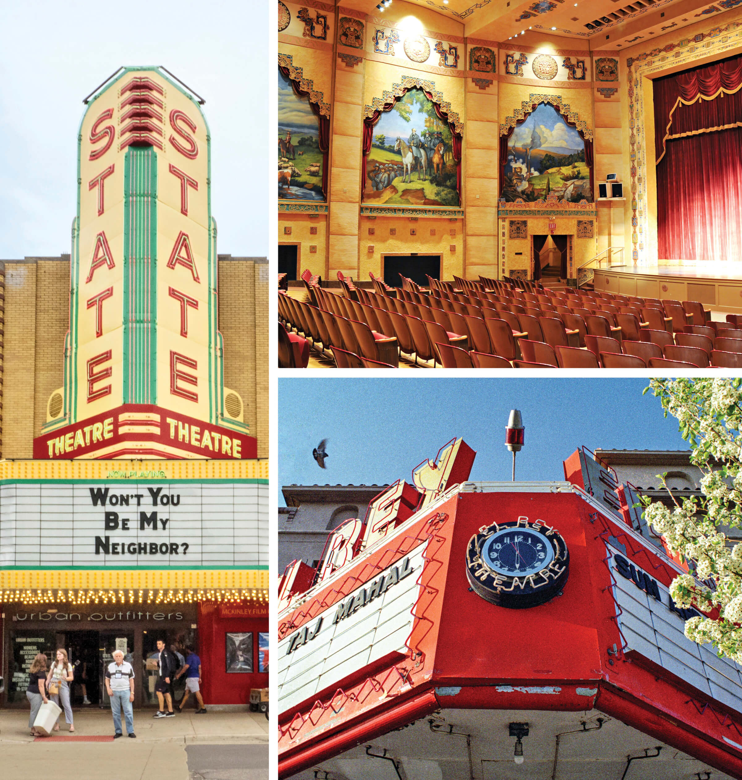 Photo of the exterior of the State Theatre in Ann Arbor, Michigan. Photo of the exterior of the Lincoln Theater in Marion, Virginia. Photo of the interior of the El Rey Theater in Albuquerque, New Mexico