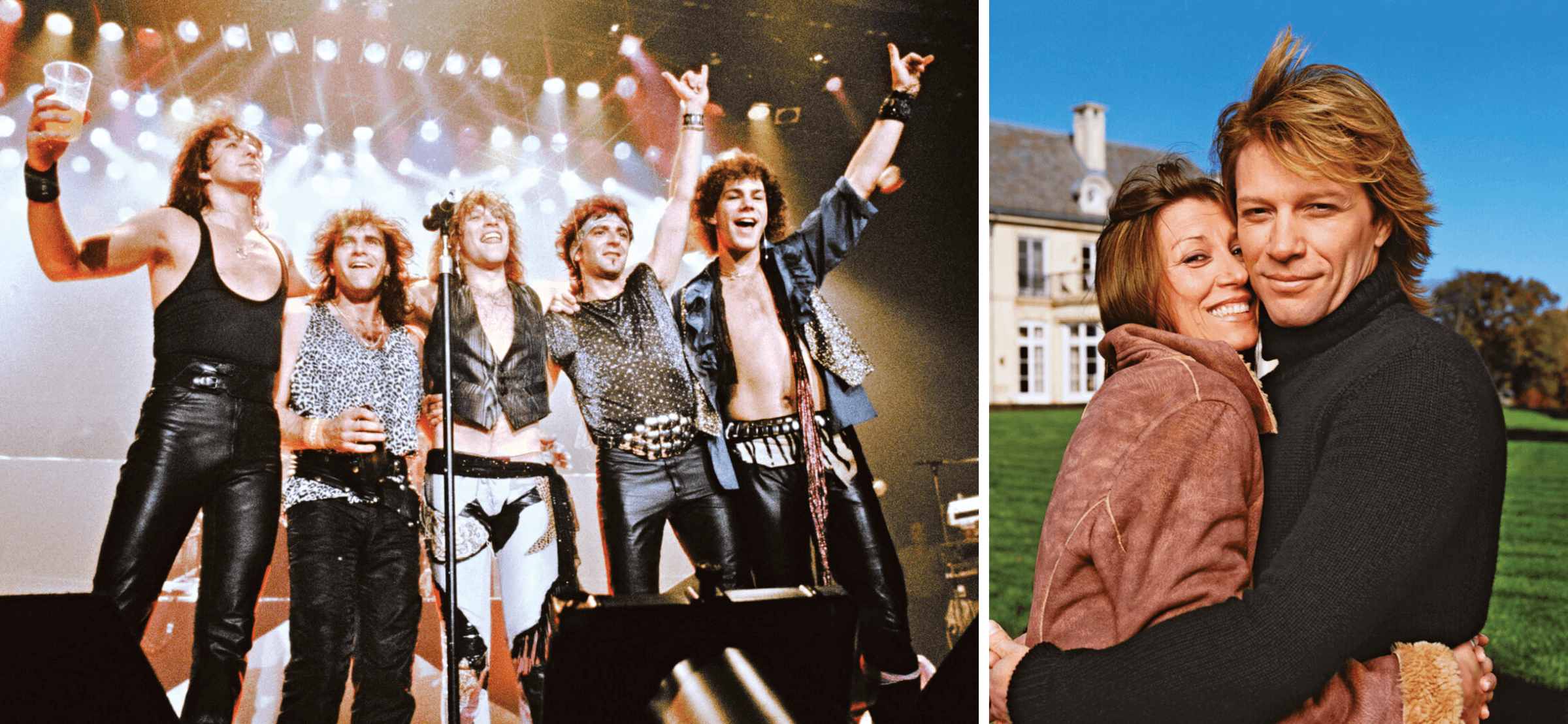 Photo of Bon Jovi band in 1985; Bon Jovi with his wife Dorothea in 2002