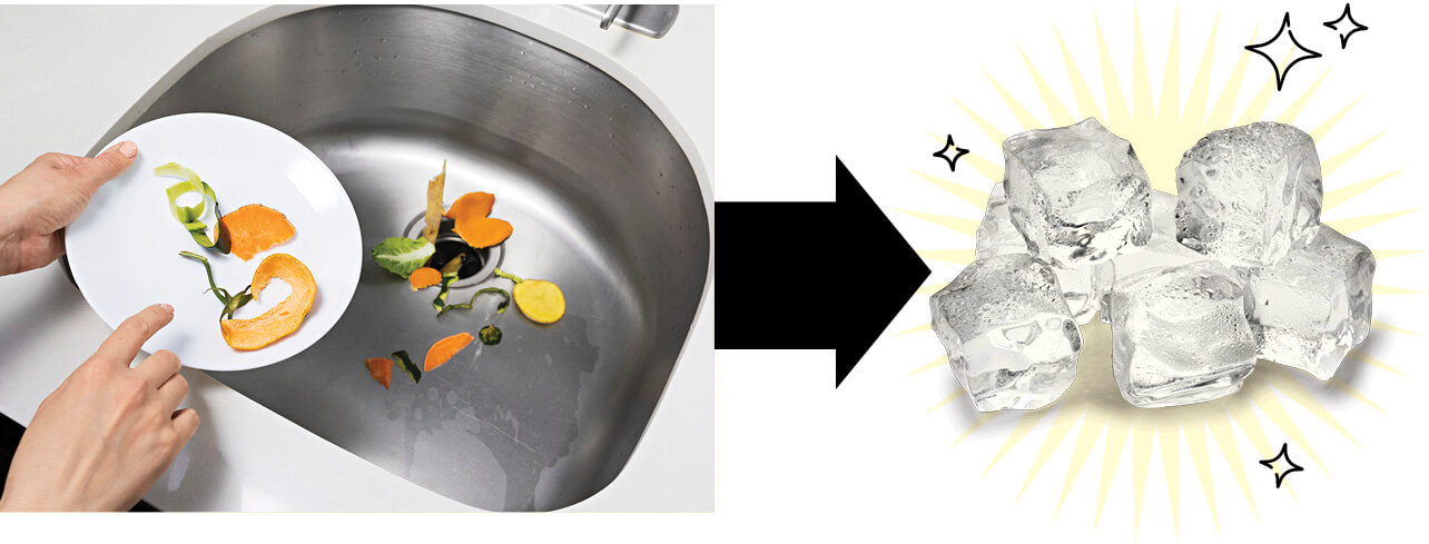 Photo of food scraps in sink, arrow pointing to ice cubes