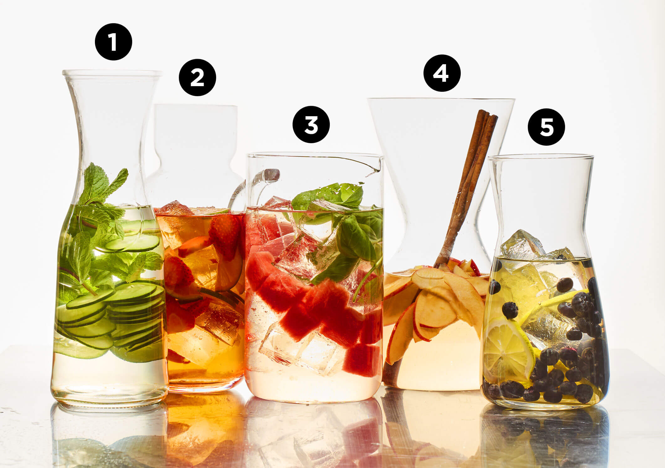 Photo of five glass carafes of water, each filled with different fruits and herbs