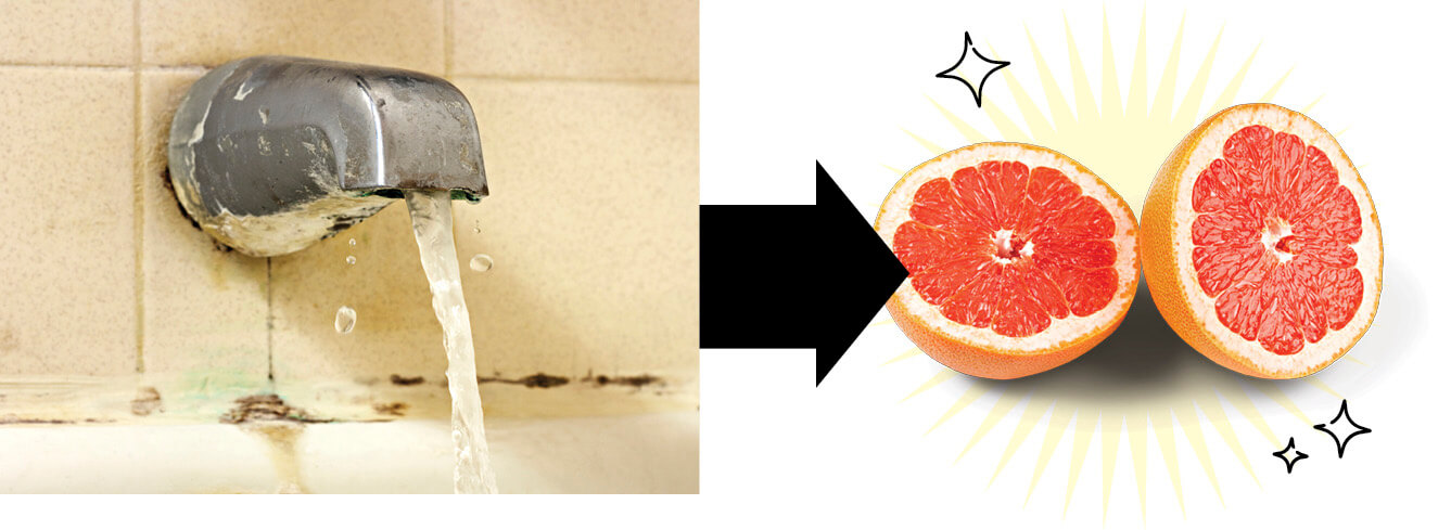 Photo of tub faucet, arrow pointing to cut grapefruit