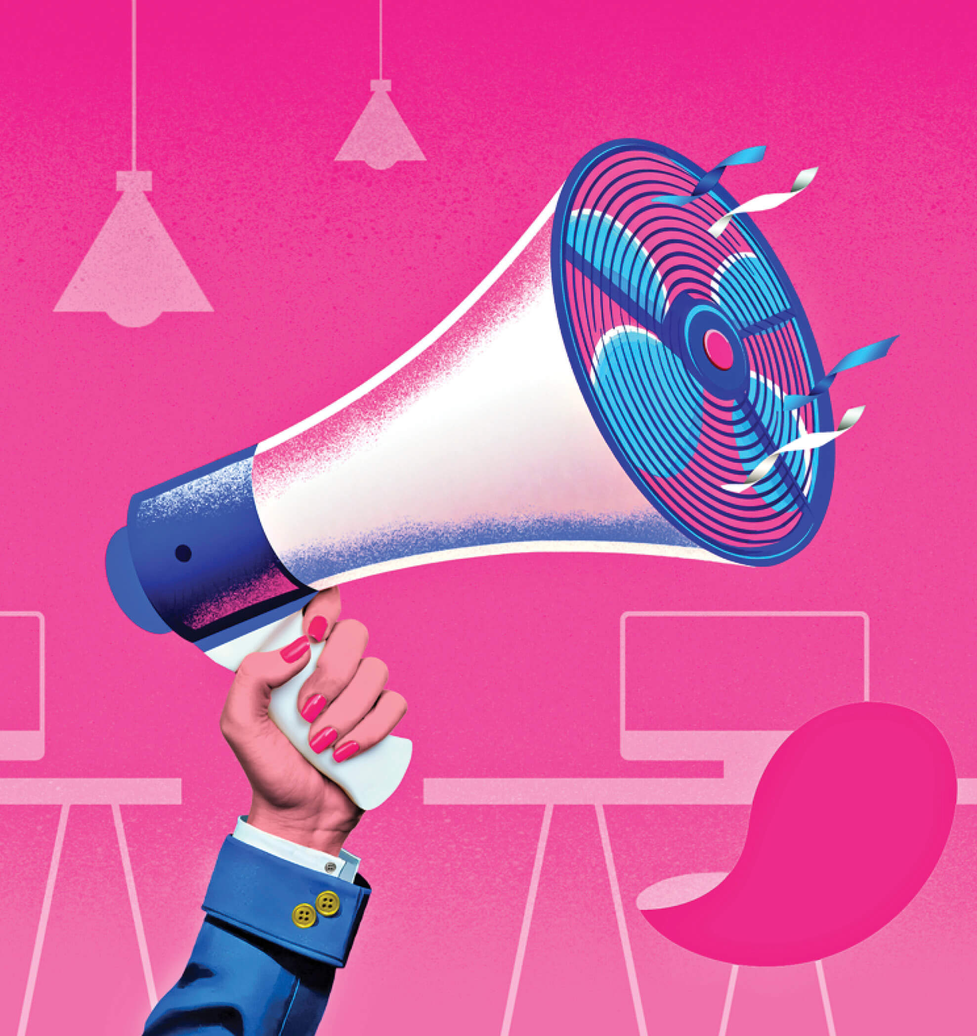 Illustration of a hand holding a megaphone in an office environment. The mouth of the megaphone is a cooling fan