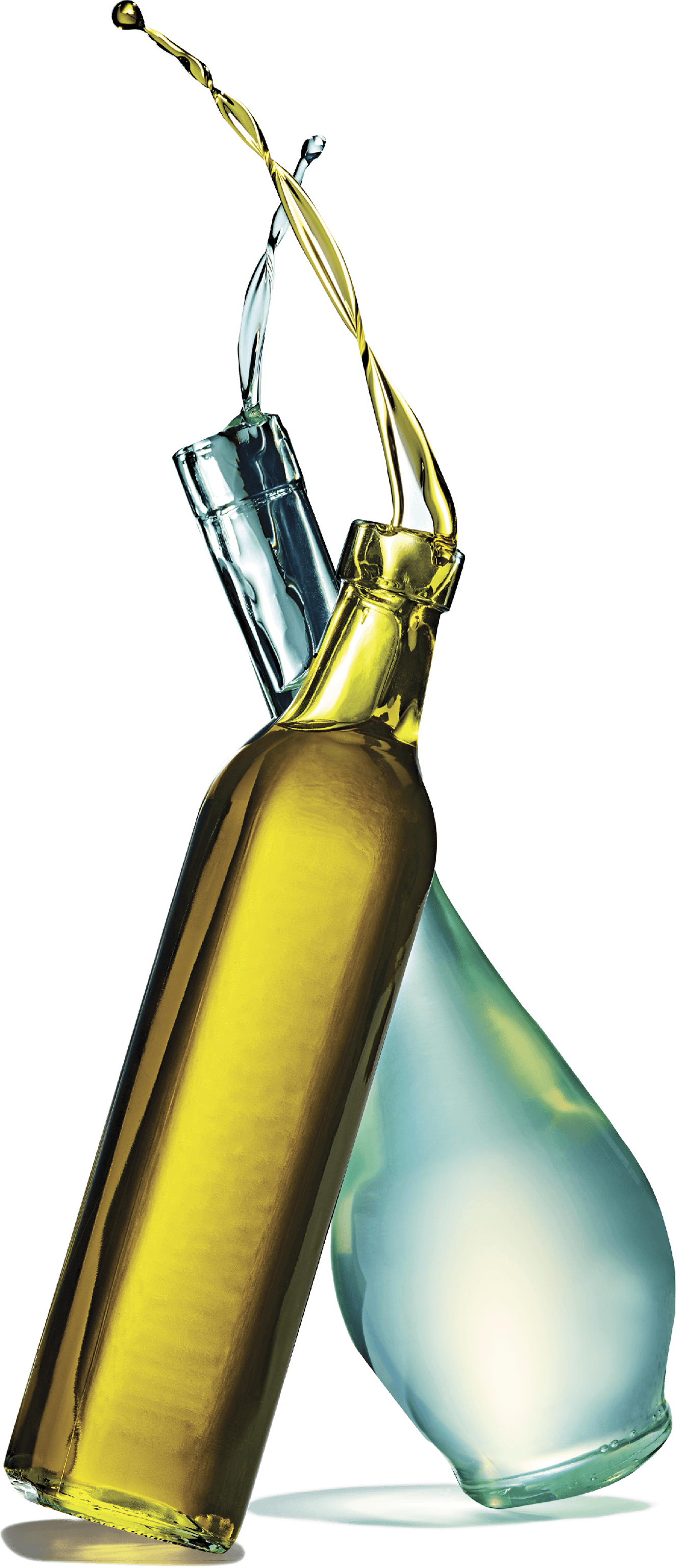 Photo of tilted bottle of extra-virgin olive oil overlapping a tilted bottle of coconut oil