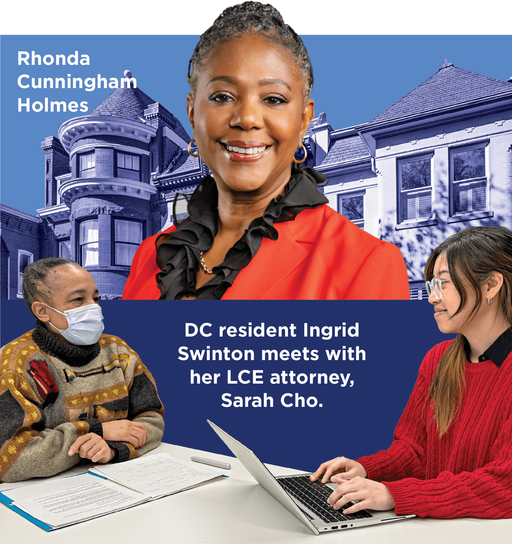 Photo collage of Rhonda Cunningham Holmes and a DC resident meeting with a Legal Council for the Elderly attorney