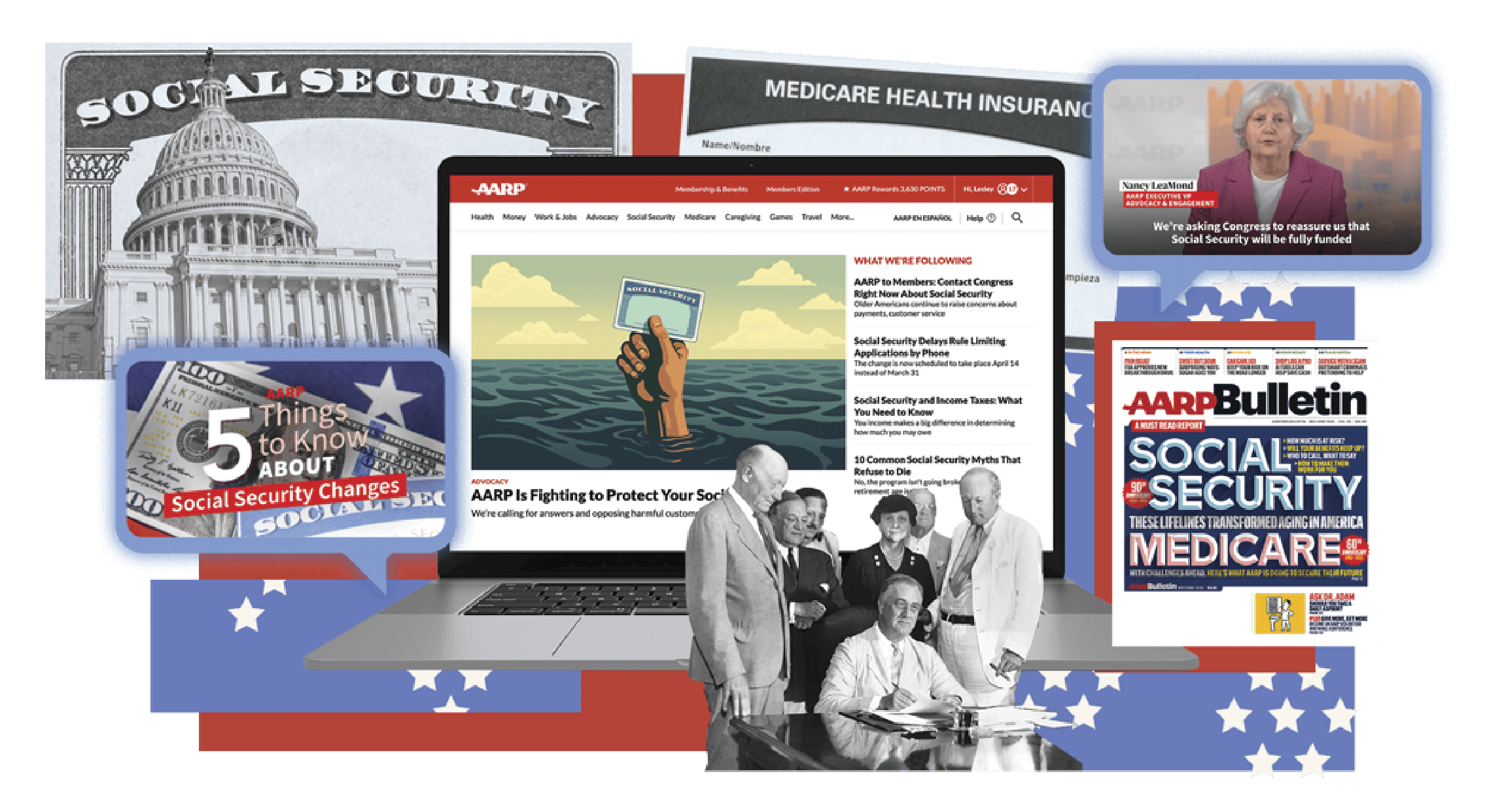 Red and blue collage of Social Security history and AARP Resources
