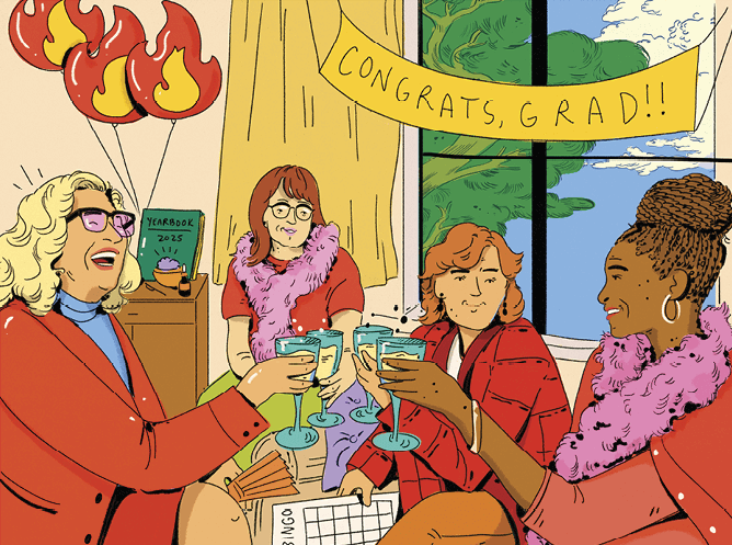 Illustration of a group of older woman celebrating with balloons and drinks