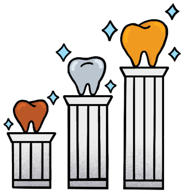 Illustration of bronze, silver, and gold teeth on pedestals