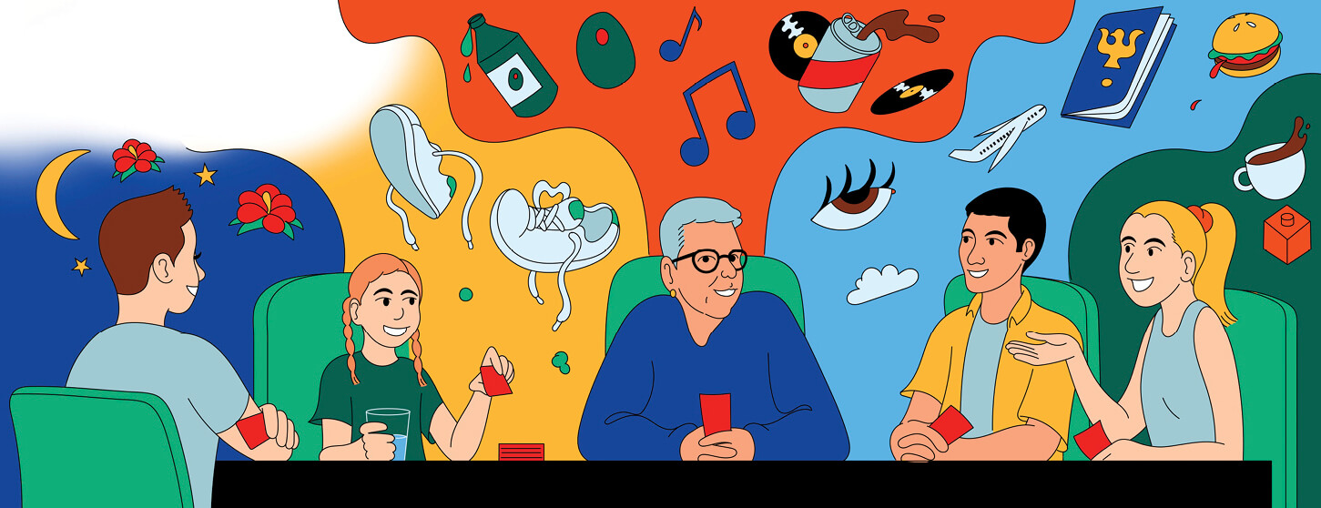 Colorful illustration of a family sitting at a table playing a card game