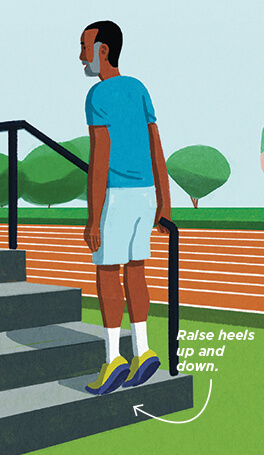 Illustration of a man doing calf raises on a step