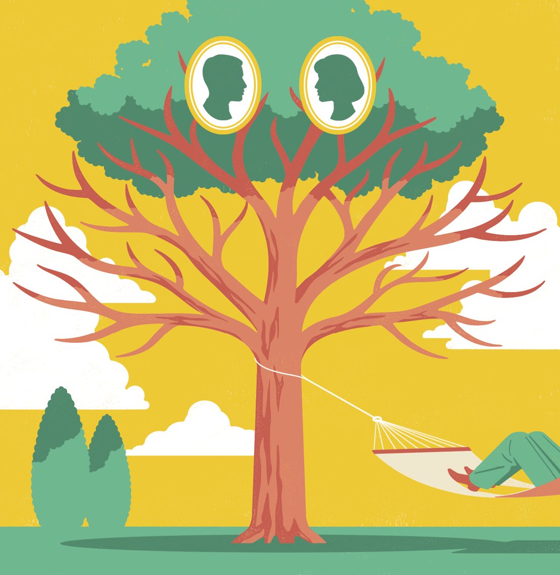 Illustration of an empty family tree with a hammock hanging from it