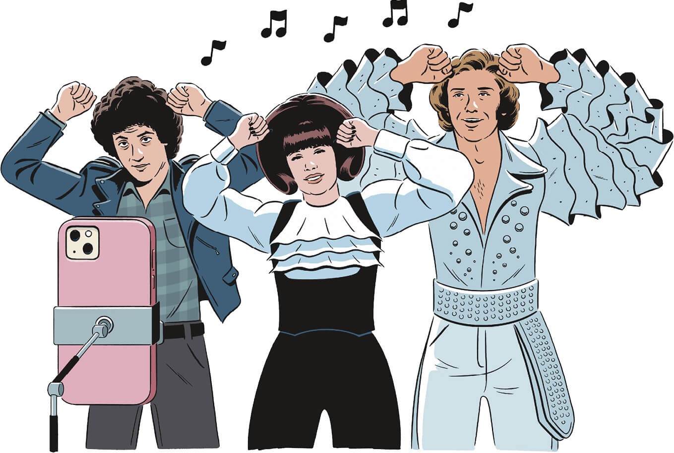 Illustration of Billy Joel, a Shangri-Las member, and Barry Manilow dancing in front of a phone camera on a tripod. 