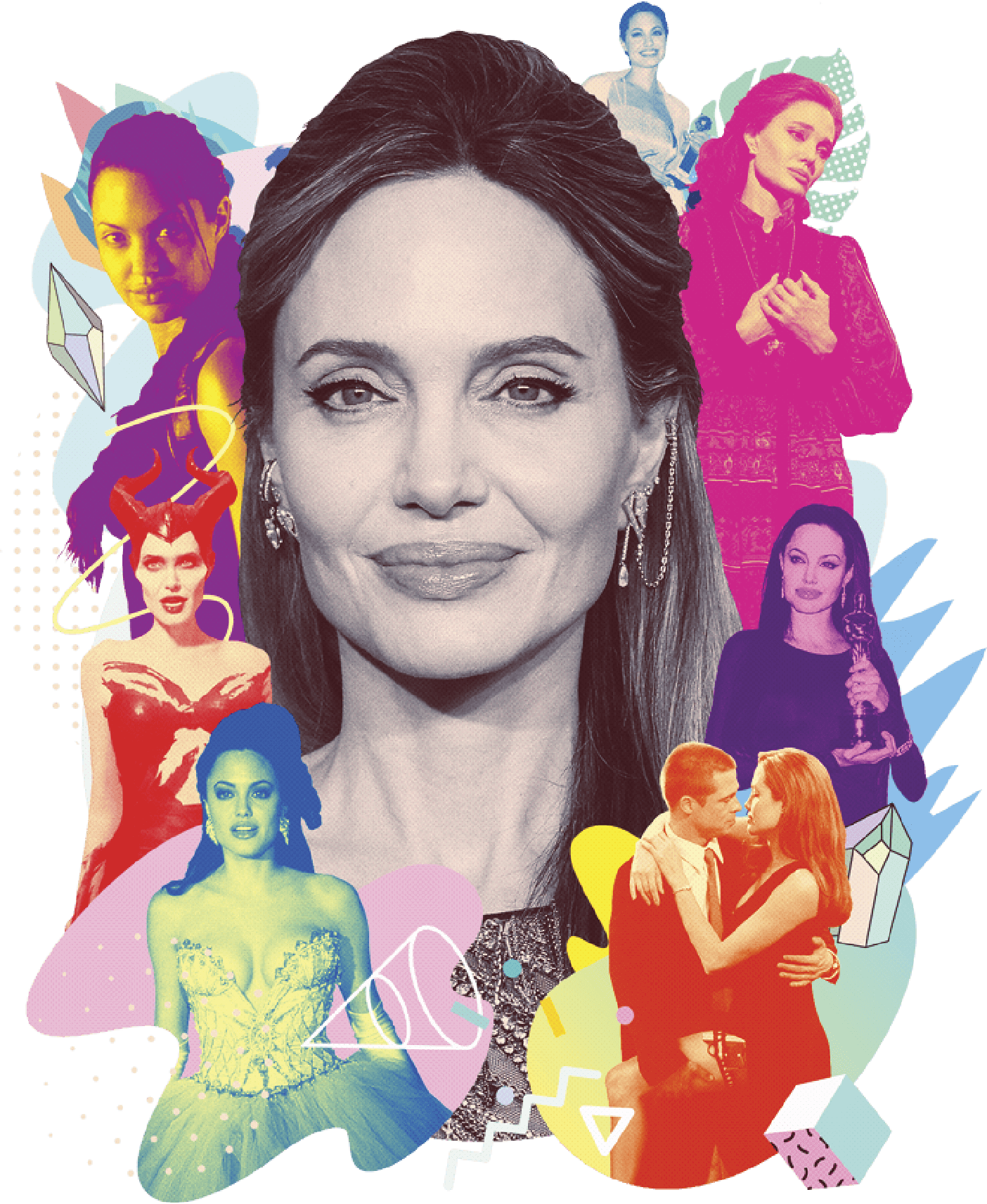 Large photo portrait of Angelina Jolie, surrounded by smaller photos of her most famous acting roles