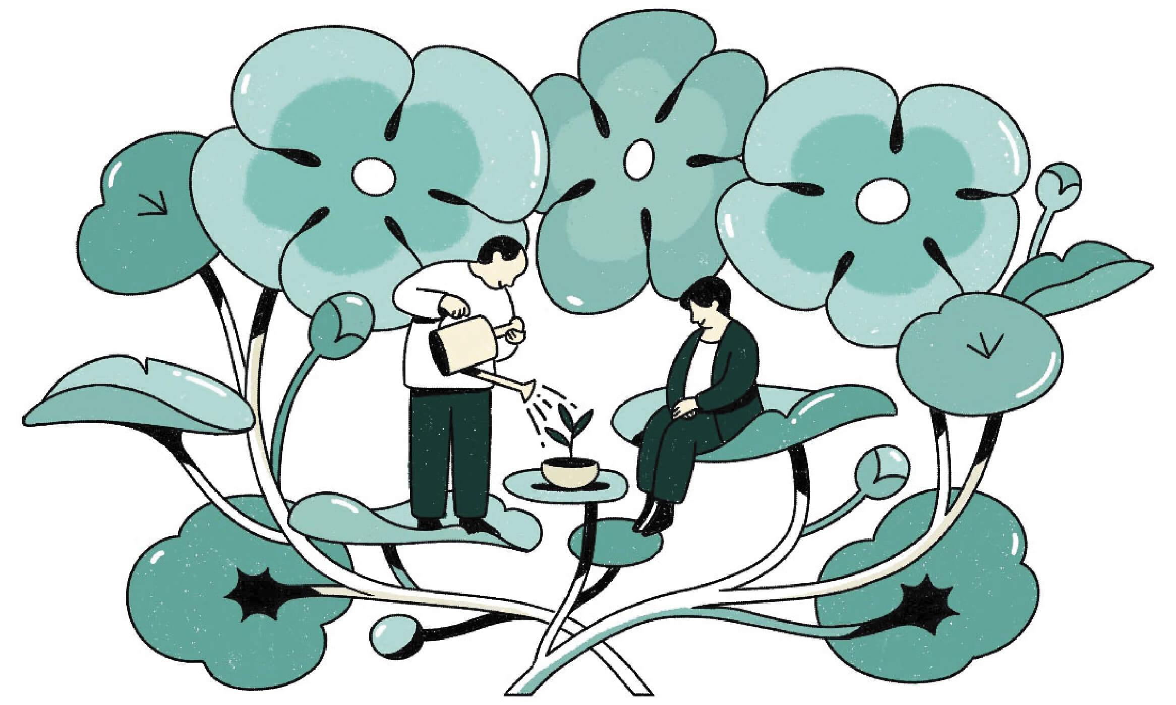 Illustration of a man watering plant