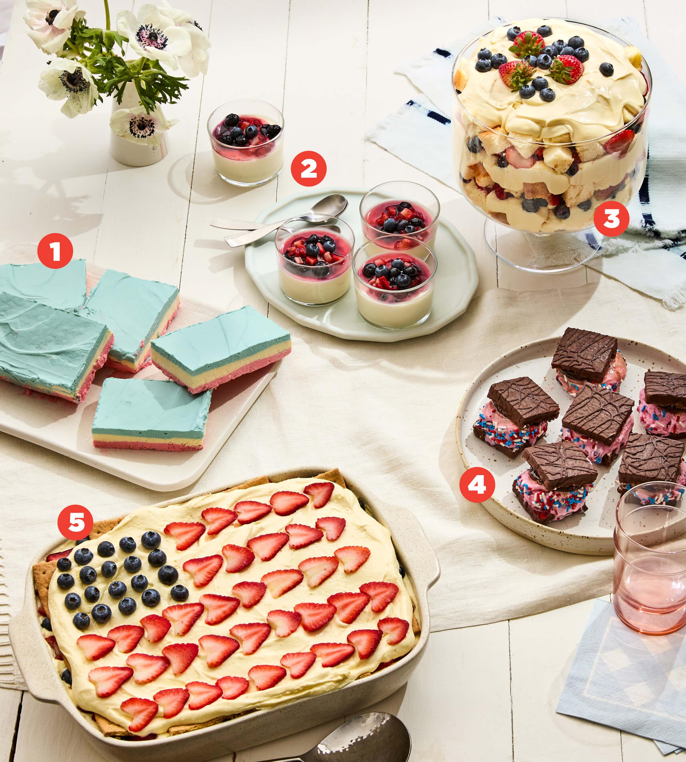 Photo of table with 5 different patriotic deserts