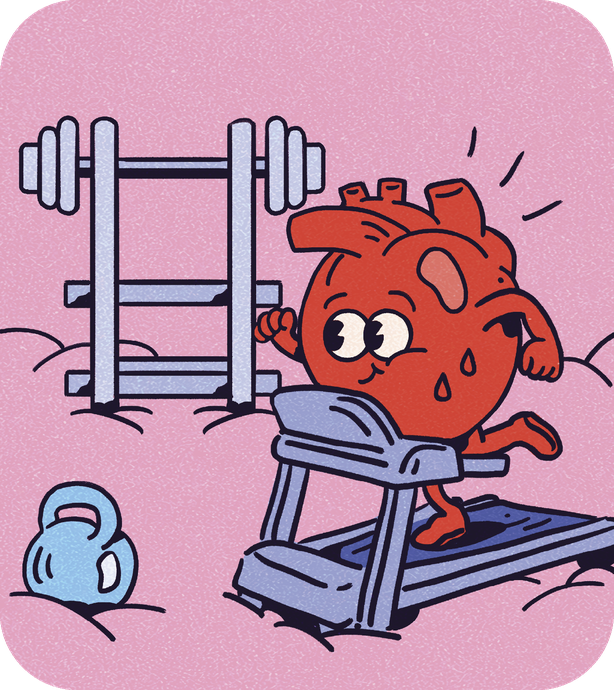 Image of the heart running on a treadmill surrounded by other workout equipment 