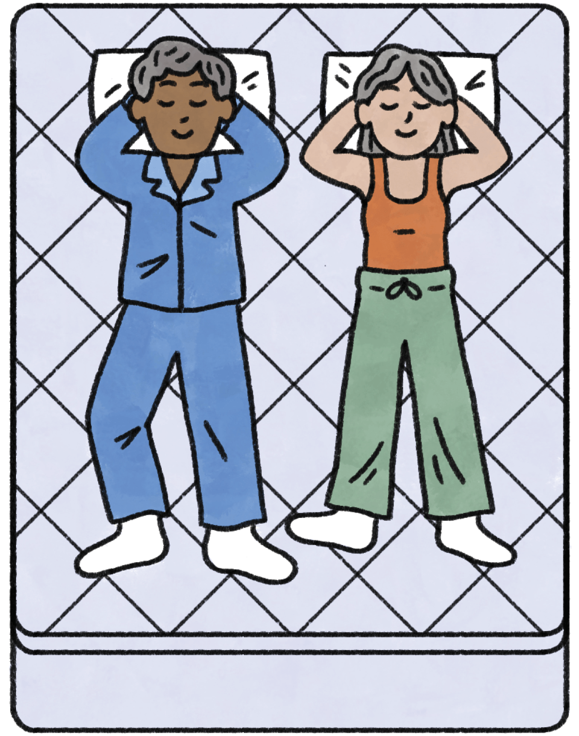 Illustration of a man and woman laying down on a mattress