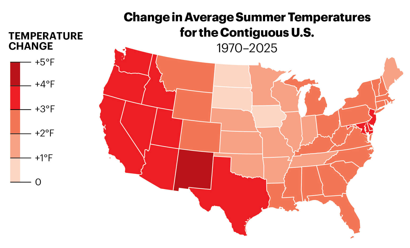 Heat map of the US showing the areas that have undergone significant change in temperature from 1970-2025