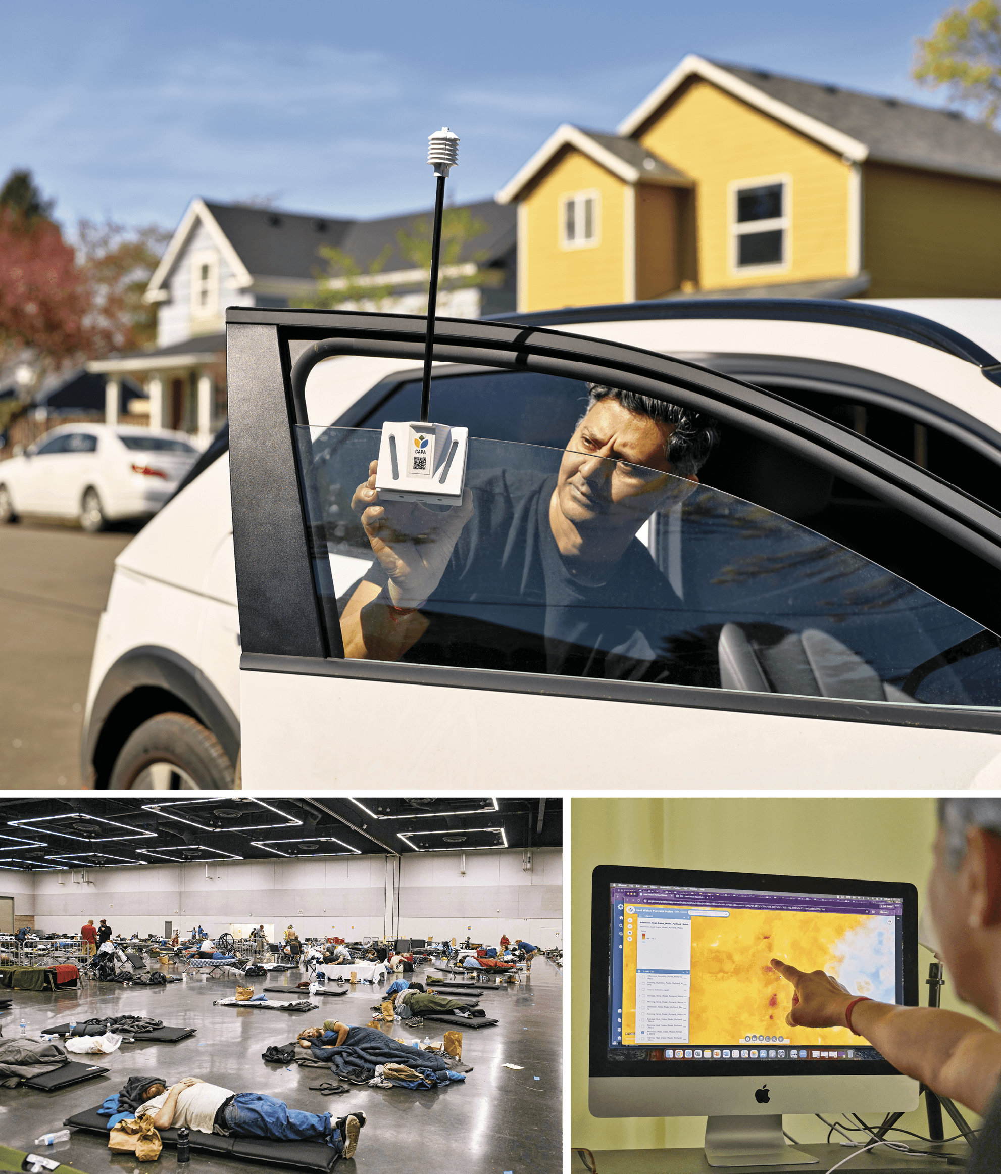 Grid of several image. A man in his car using a device on this window to check the outside temperature. Image of several people lying on a thin mattress on the ground in a big room and a person point’s at an orange and red heat map on a computer screen.