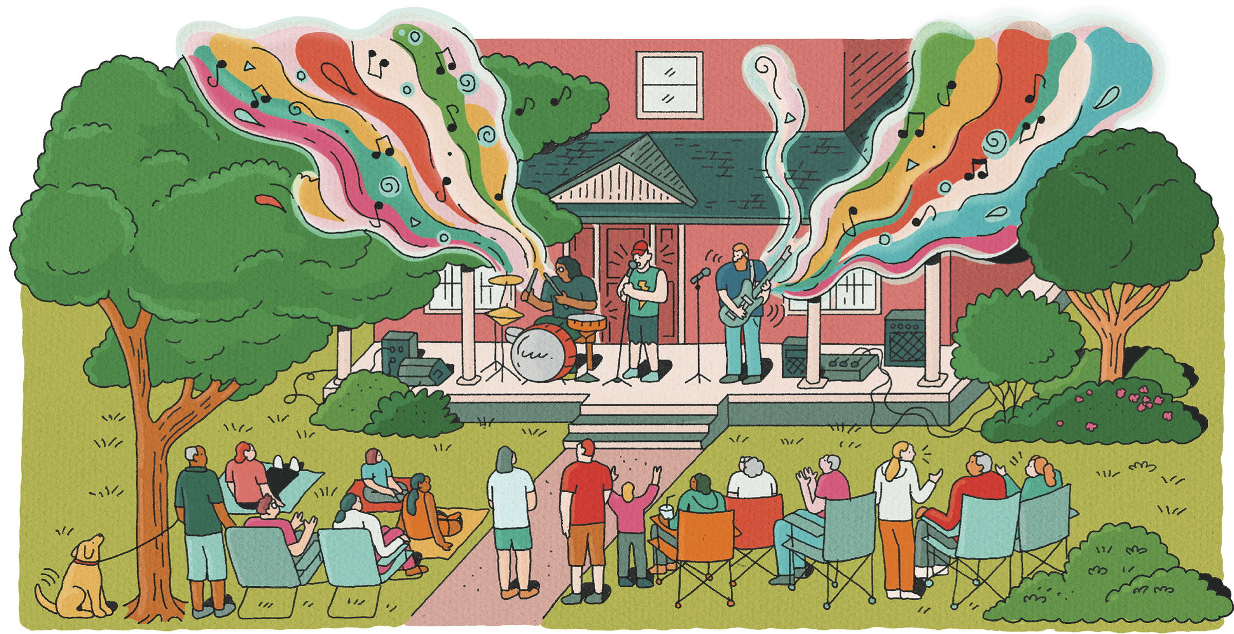 Illustration of a small musical gathering happening on a porch. There are musicians singing and playing instruments while neighbors sit around enjoying the performance