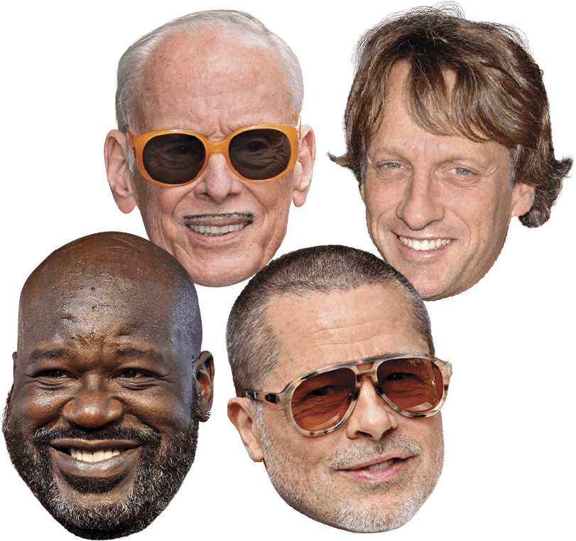 Faces of the following celebrities- Brad Pitt, Shaquielle O’ Neal, John Waters and Tony Hawk 