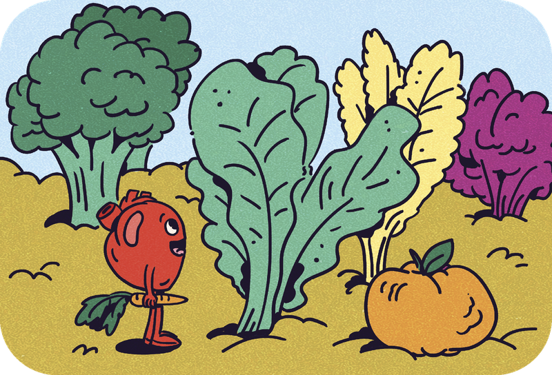 The heart is standing in a garden of fresh vegetables and holding a carrot in its hand 