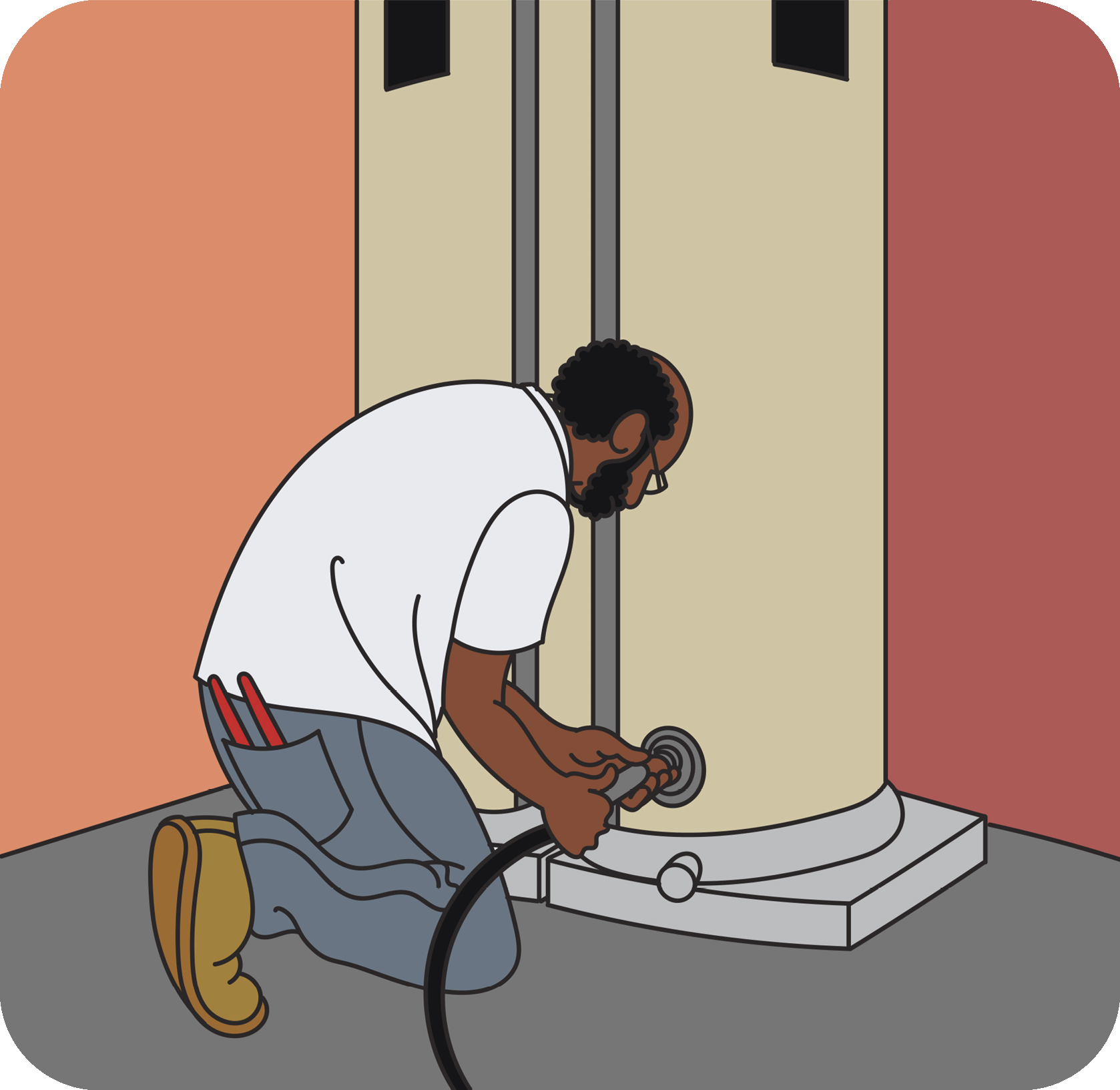 A man collecting the sediment at the bottom of a traditional storage tank style water heater 