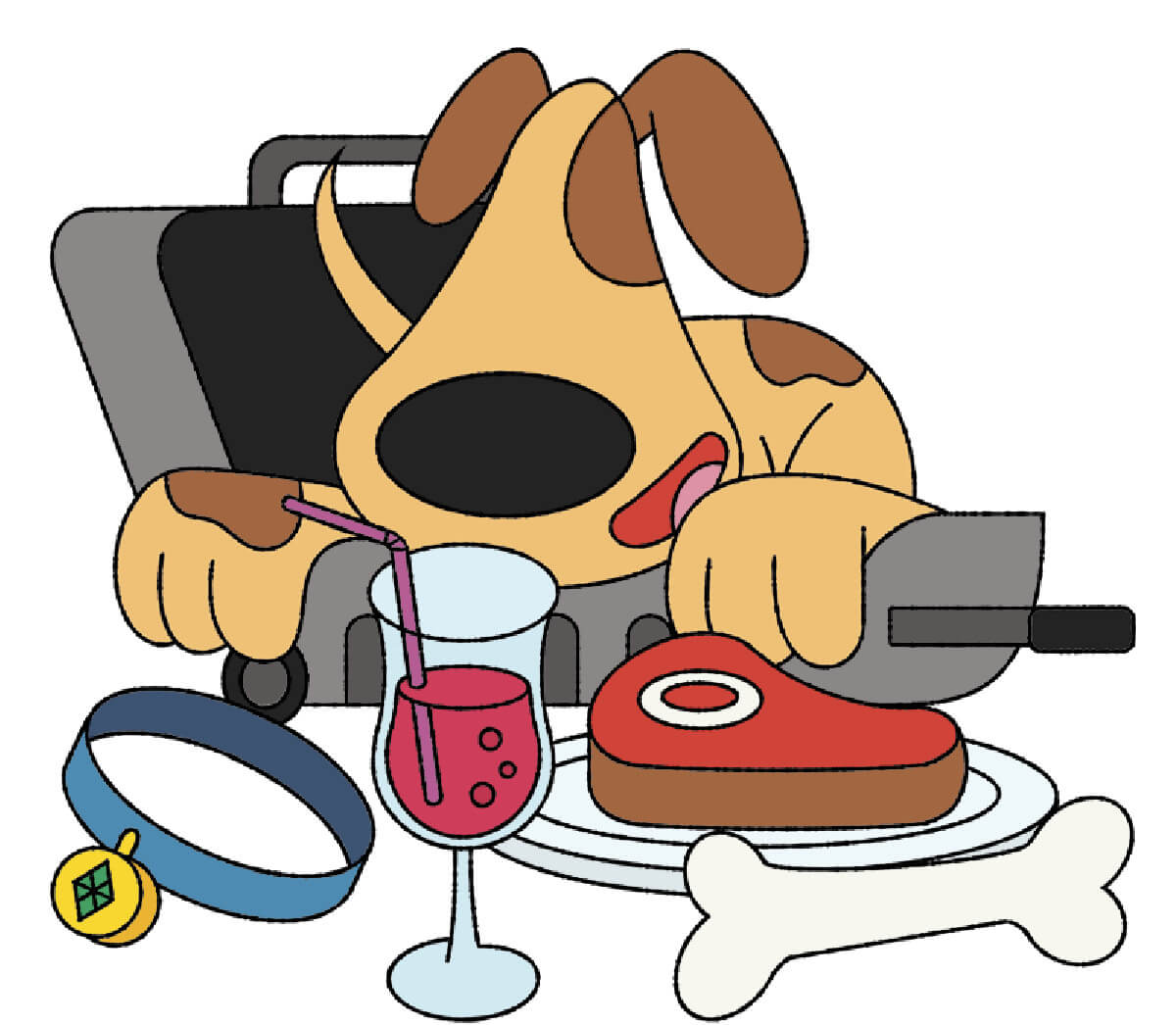Illustration of a dog sitting on a chair and pouring himself a drink. A steak sits on a plate in front of him and a collar lays to his side. 