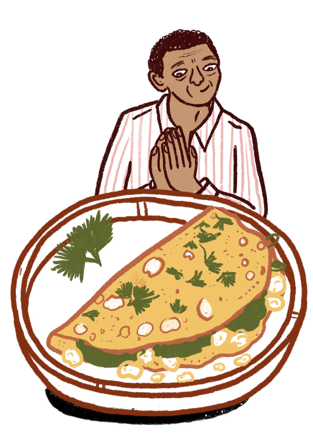 Illustrated plate with an omelet stuffed feta and spinach