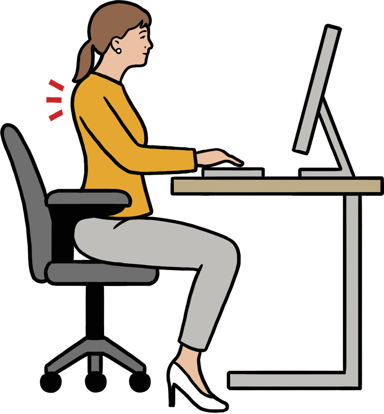 Illustration of a woman sitting at her desk with her shoulders straight 