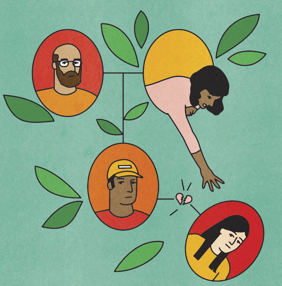 Illustration of a family tree of a mom, dad, their son and their breaking connection with the son’s girlfriend. The mom is reaching through the family tree to prevent the girl from slipping away