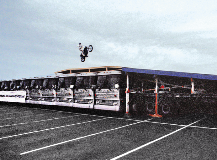 Photograph of Evel Knievel’s motorcycle jumping over 14 buses 