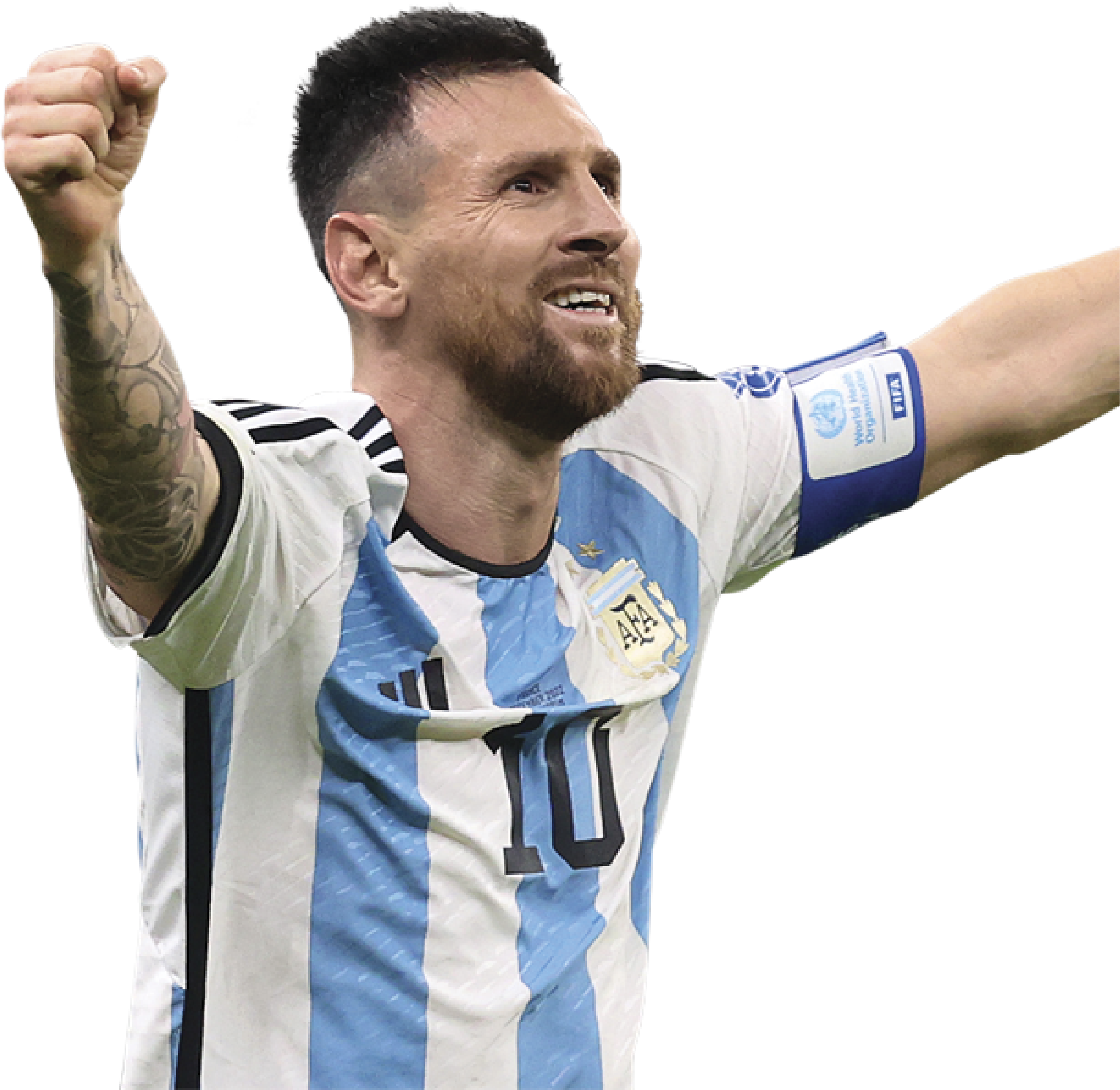 Image of Lionel Messi running with his fits in the hair and smiling 