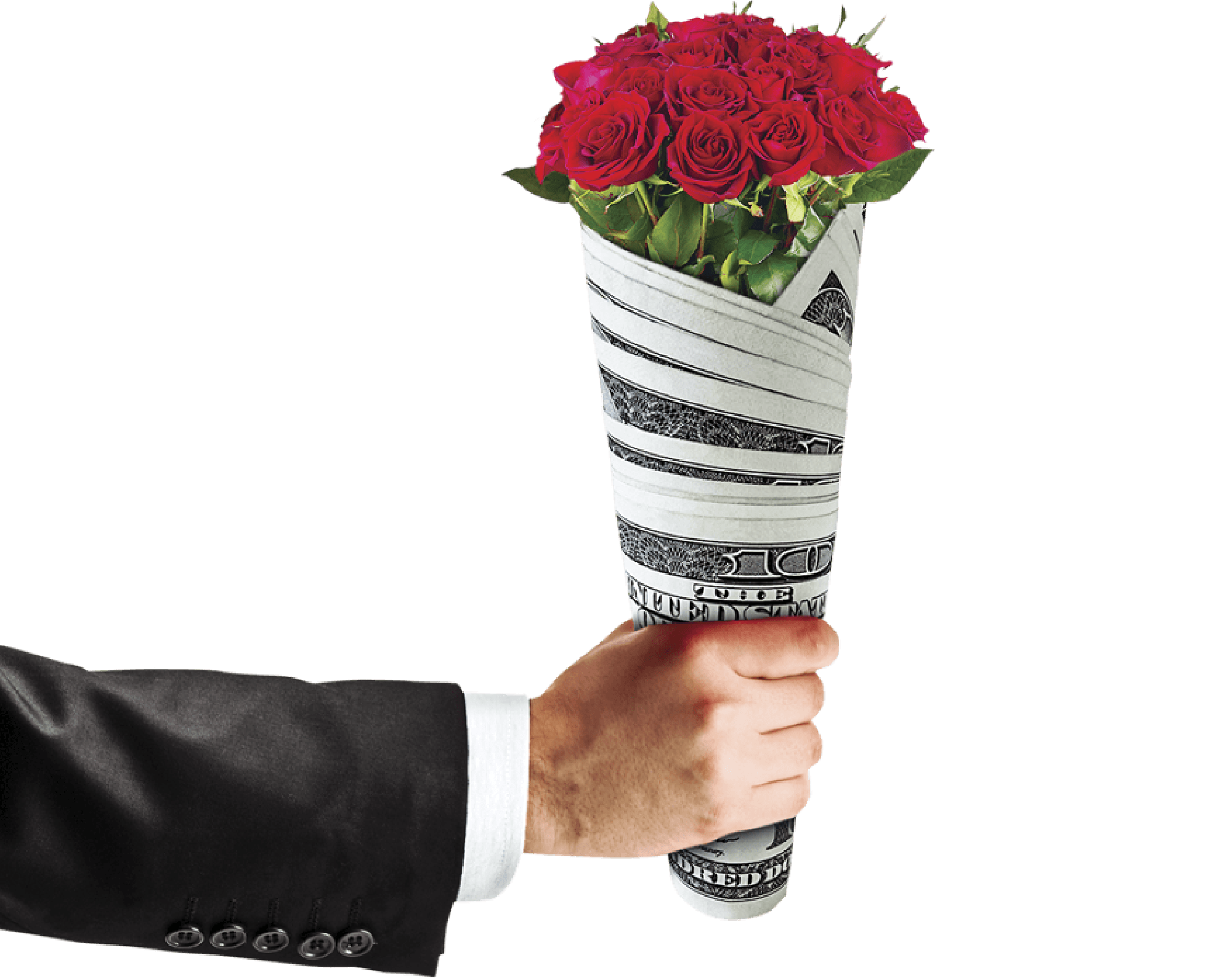 Photo illustration of a hand holding out a bouquet of roses and dollar bills 