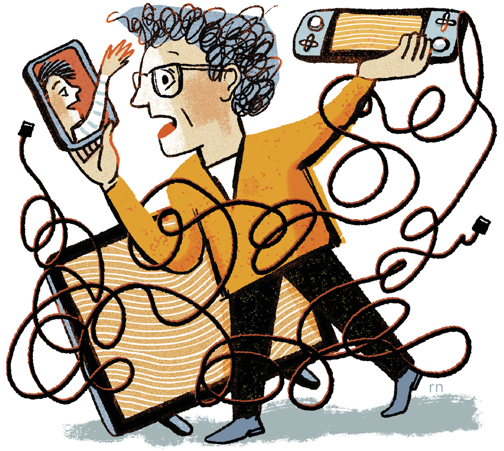 Illustration of a man frustrated and wrapped up in cables. He is holding a phone in one hand where he is facetiming his son, a Nintendo Switch in another and is standing with a TV behind him. 