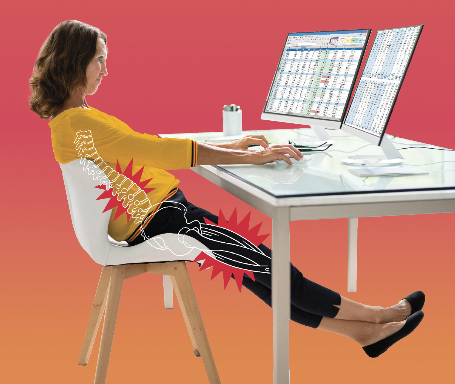 Photographs with line illustrations drawn on top of it. The image is of a woman sitting at her desk working. Her legs are stretched out straight and crossed in front of her. The illustrations drawn on top show the strain on her spinal cord and thigh muscles. 