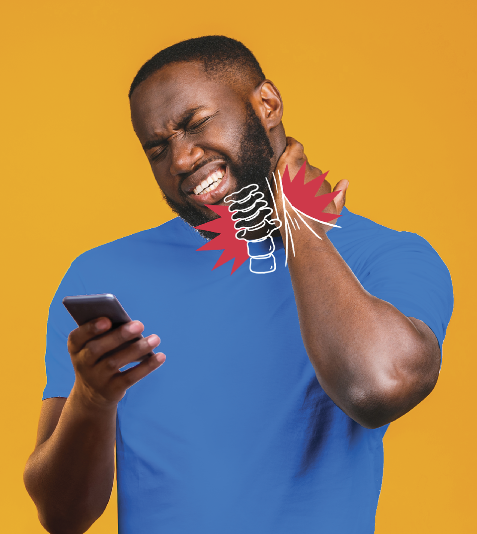 Image of man looking at his phone and holding his neck in pain. The illustrations drawn on top show pain in this spinal cord in his neck 