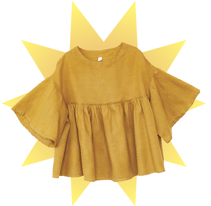 A bright yellow top with bell sleeves and frills below the bust 