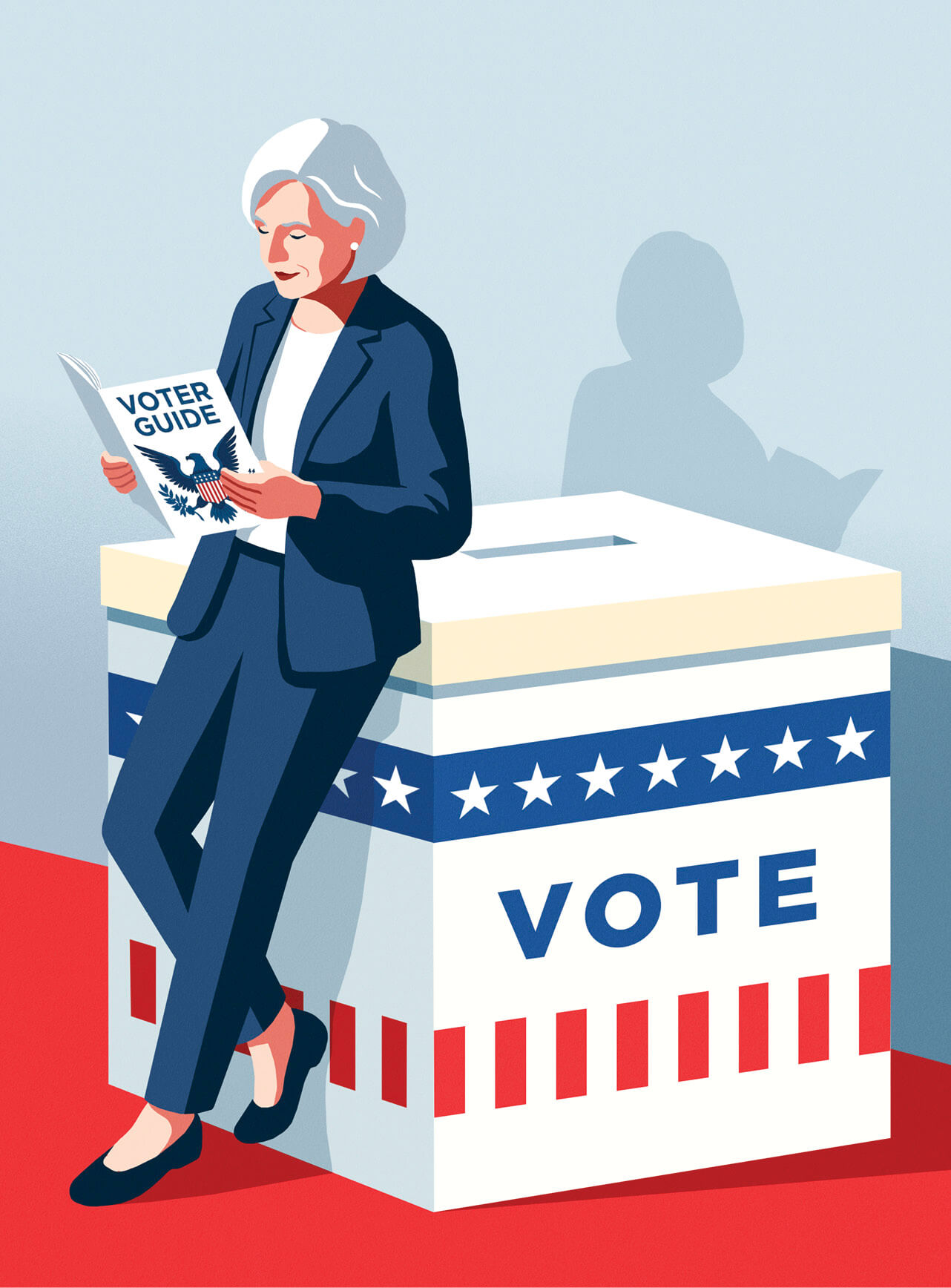 Illustration of an older woman standing against a ballot box with Vote written on it. She is holding a book that says Voter Guide on it
