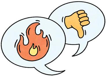Illustration of two speech bubbles, one with a fire emoji and the other with a thumbs down emoji 