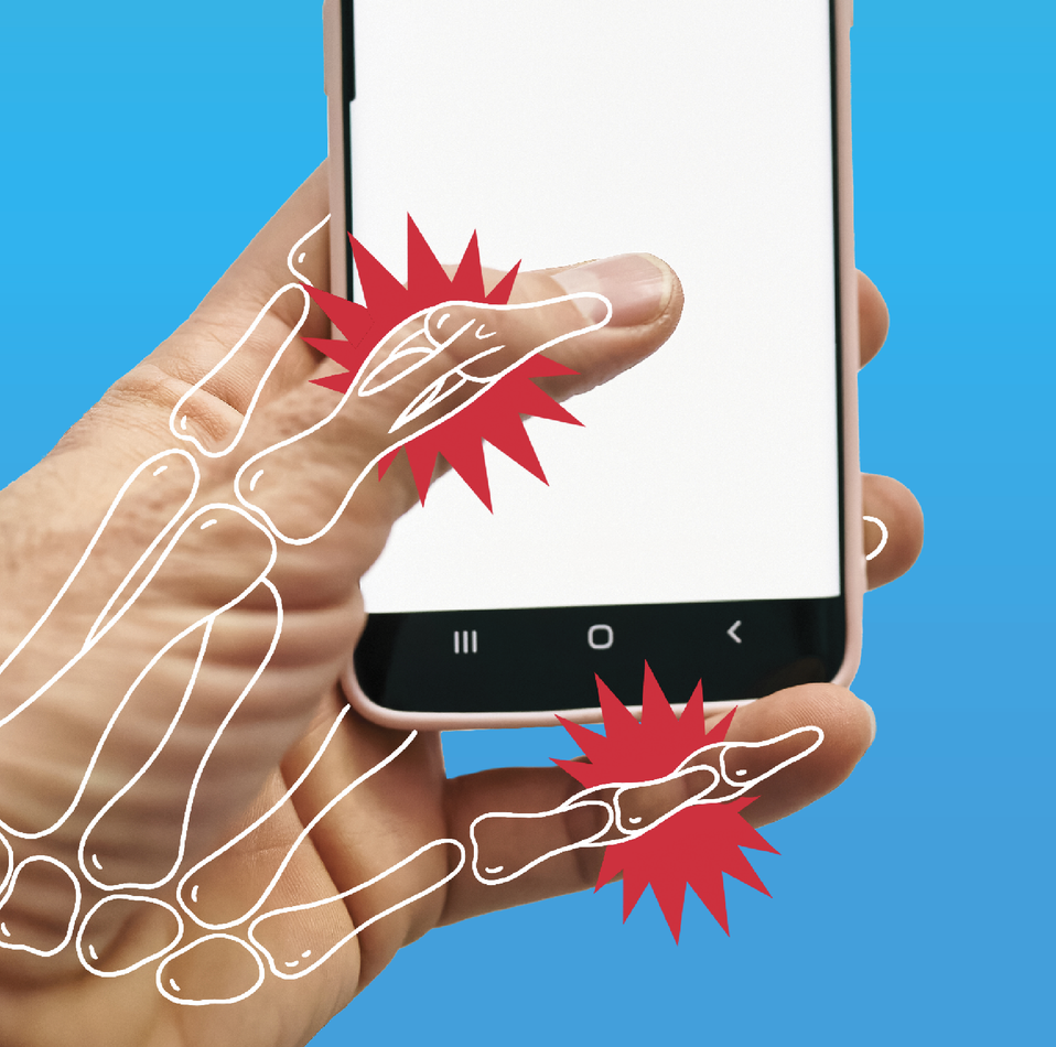 Image of a hand holding a phone and scrolling. The drawings on top show pain in the joints of the thumb and little finger. 
