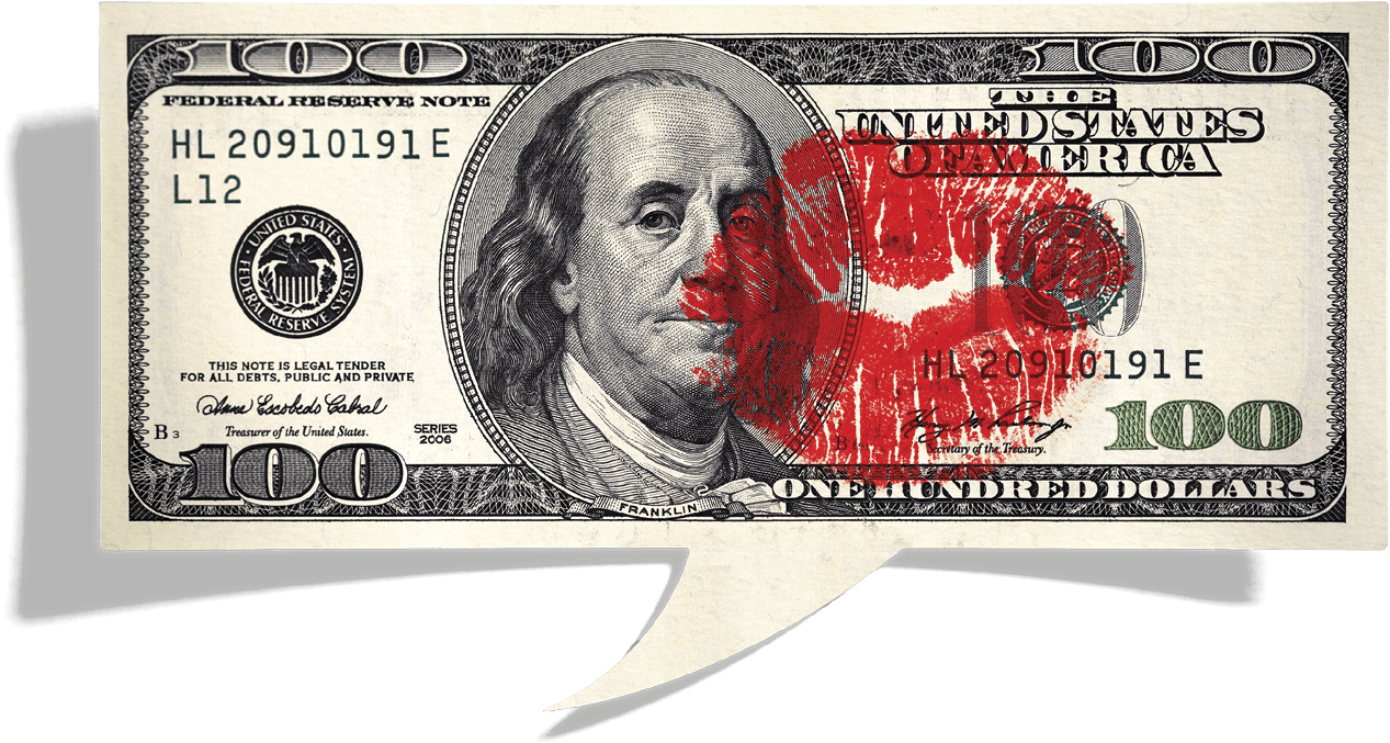 Photo illustration of a dollar bill modified into a speech bubble with a lipstick kiss on it 